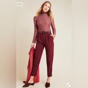 Anthropologie Sasha Button Fly Tapered Trouser Pants in Wine Red 4 A3